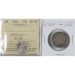 III.1872 CANADA 25C & 1916 CANADA 10C ICCS EF40