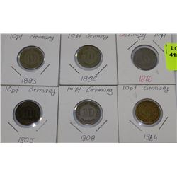 SET OF 6 GERMAN 10 PFENNIG - 1876-93-96-1905-08-24