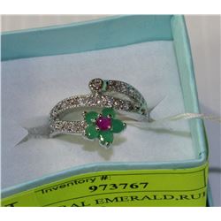 #58-NATURAL EMERALD,RUBY &CZ .925 RING SIZE 9
