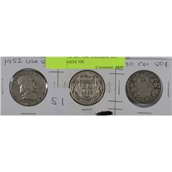 UU.1952 US 50C, 1947 CANADA 50C, 1910 CANADA 50C