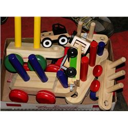 FLAT OF WOODEN TOY TRAINS/CARS