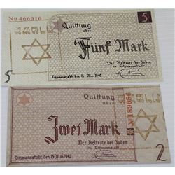 REPLICA OF JEWISH GHETTO BANK NOTES 5 AND 2 MARK