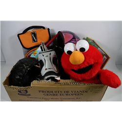 BOX WITH ASSORTED KIDS ITEMS INCLUDING ELMO, POOH