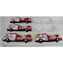 TRAY OF 4 FIRE TRUCKS W/PULL BACK ACTION