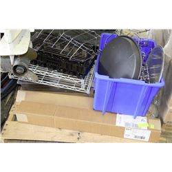 PALLET OF RACKS, SIGNS, & MISC RESTAURANT ITEMS