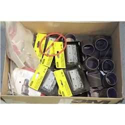 BOX OF STANLEY HINGES, PROTO RING PARTS, SANDING