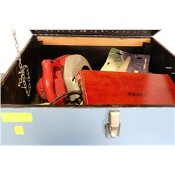 WOODEN TOOL/STORAGE BOX W/ ASSORTED