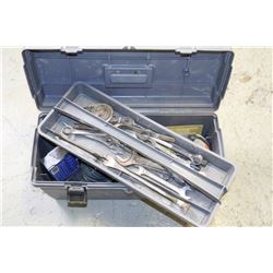 GREY PLASTIC TOOLBOX FULL OF TOOLS