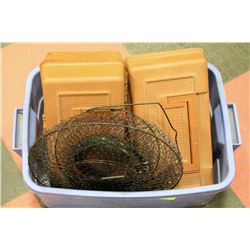 BOX WITH TACKLE BOXES AND CONTENTS FISHING BASKET