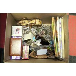 BOX OF HOUSEHOLD MISC INCL WOODEN MOTORCYCLE