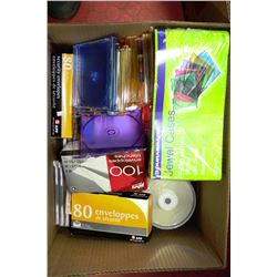 BOX OF BURNABLE CDS,ENVELOPES,JEWELLED CD/DVD