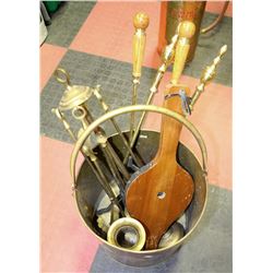 BRONZE COAL SCUTTLE WITH FIRE PLACE TOOLS