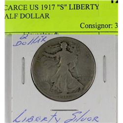 SCARCE US 1917 "S" LIBERTY SILVER HALF DOLLAR