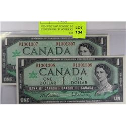 GEM UNC 1967 CONSEC. S/N CENTENNIAL $1 NOTES X2