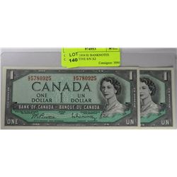 GEM UNC 1954 $1 BANKNOTES CONSECUTIVE S/N X2