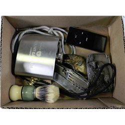 BOX W/MP3 PLAYER, FISH BUCKLES, FLASK,