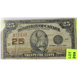 1923 DOMINION OF CANADA 25 CENT SHINPLASTER