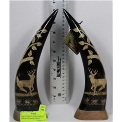 PAIR OF HAND CARVED BUFFALO HORNS WITH DEER DESIGN