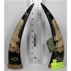 PAIR OF HAND CARVED BUFFALO HORNS W/ EAGLE DESIGN