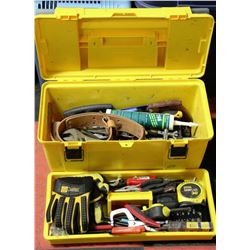 YELLOW TOOL BOX WITH ASSORTED TOOLS, LEATHER BELT,