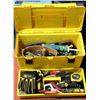 Image 1 : YELLOW TOOL BOX WITH ASSORTED TOOLS, LEATHER BELT,