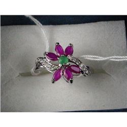 #56-NATURAL EMERALD,RUBY &CZ .925 RING SIZE 7.5