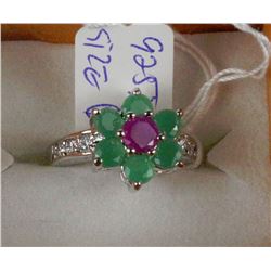 #55-NATURAL EMERALD,RUBY &CZ .925 RING SIZE 6