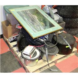 PALLET WITH SPEAKERS, MEAT SLICER, AMPS,