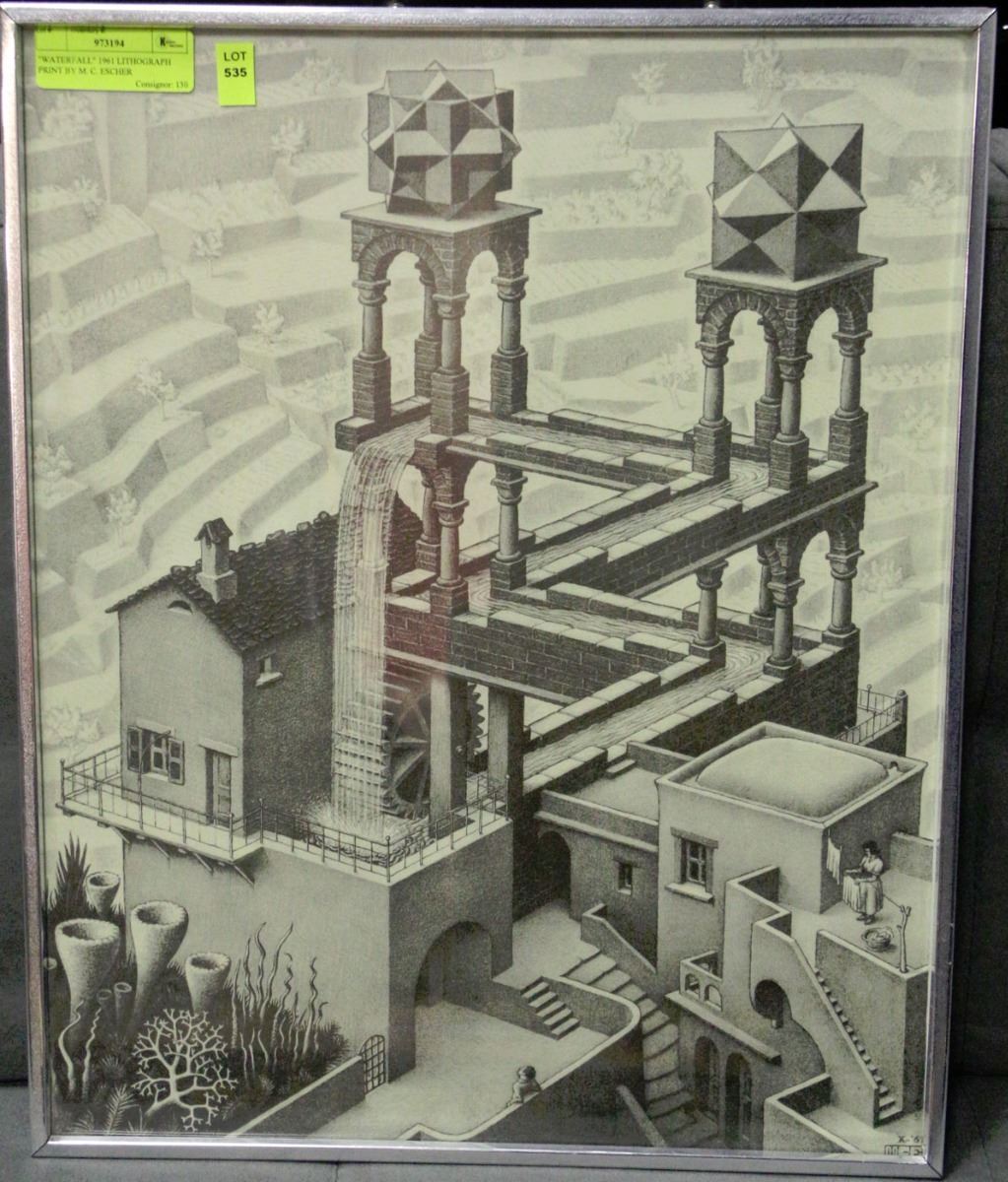 WATERFALL 1961 LITHOGRAPH PRINT BY M C ESCHER waterfall-1961-lithograph-print-by-m-c-escher