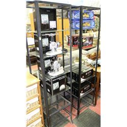 PAIR OF METAL AND GLASS SHELVING UNITS 6' HIGH