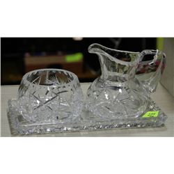 CRYSTAL VINTAGE SUGAR BOWL, CREAMER, & TRAY SET