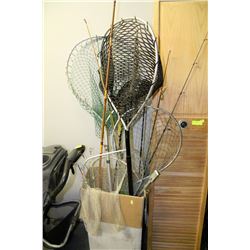 BOX  WITH FISHING RODS, NETS ETC
