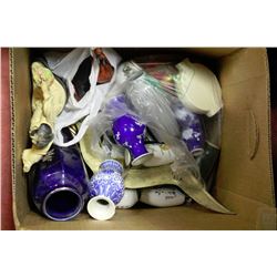 BOX WITH ASSORTED STATUES,ORNAMENTS AND MORE