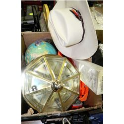 BOX WITH MISC INCL. GLOBE, MASKS,COWBOY HAT INCL