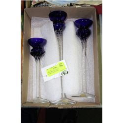 3 BLUE HAND CRAFTED STEM GLASSES - MADE IN ROMANIA
