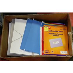 BOX OF OFFICE SUPPLIES INCL.FOLDERS,PAPER,LABELS,