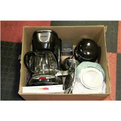 BOX WITH COFFEE POT,CANNISTERS AND MORE