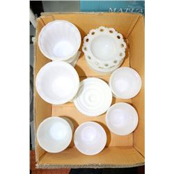 FLAT OF MILK GLASS ITEMS