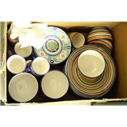 BOX OF ASSORTED DISHES INCL.COLORFUL BOWLS,PLATES