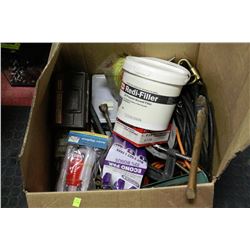 LARGE BOX OF TOOLS, SUPPLIES, HARDWARE,