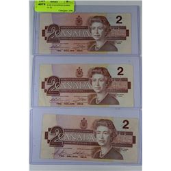 3-TWO DOLLAR CANADIAN ROBIN BANK NOTES X3