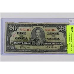 1937 TWENTY DOLLAR CANADIAN BANK NOTE WITH COYNE