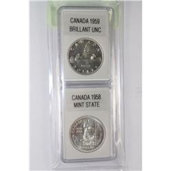 #2LOT OF 2-CANADA SILVER $1 1958 DEATH TOTEM &1959