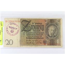 NAZI 20 MARK STAMPED 12 SS DIVISION HITLER YOUTH