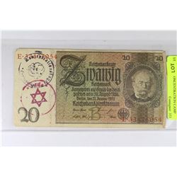 NAZI BANK NOTE 20 MARK STAMPED CONCENTRATION CAMP