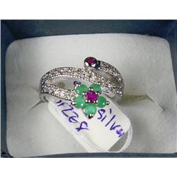 #4.925 SILVER NATURAL RUBY,EMERALD &CZ RING SIZE 8