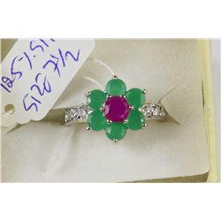 #1-.925 SILVER NATURAL RUBY,EMERALD &CZ RING