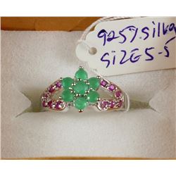 #2-.925 SILVER NATURAL RUBY,EMERALD &CZ RING