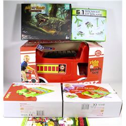 BOX OF NEW BOYS TOYS INCLUDING RIDE ON FIRETRUCK