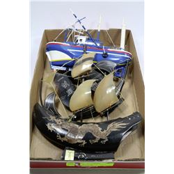 TWO CARVED HORN SHIPS & WOODEN SHIP
